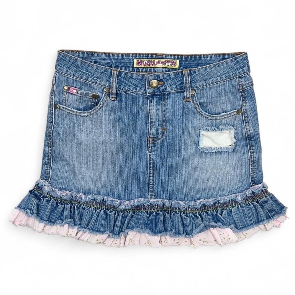 Vintage Y2K Mudd Mini Denim Jean Skirt Low Rise Womens 5 Ruffles‎ Floral Preppy